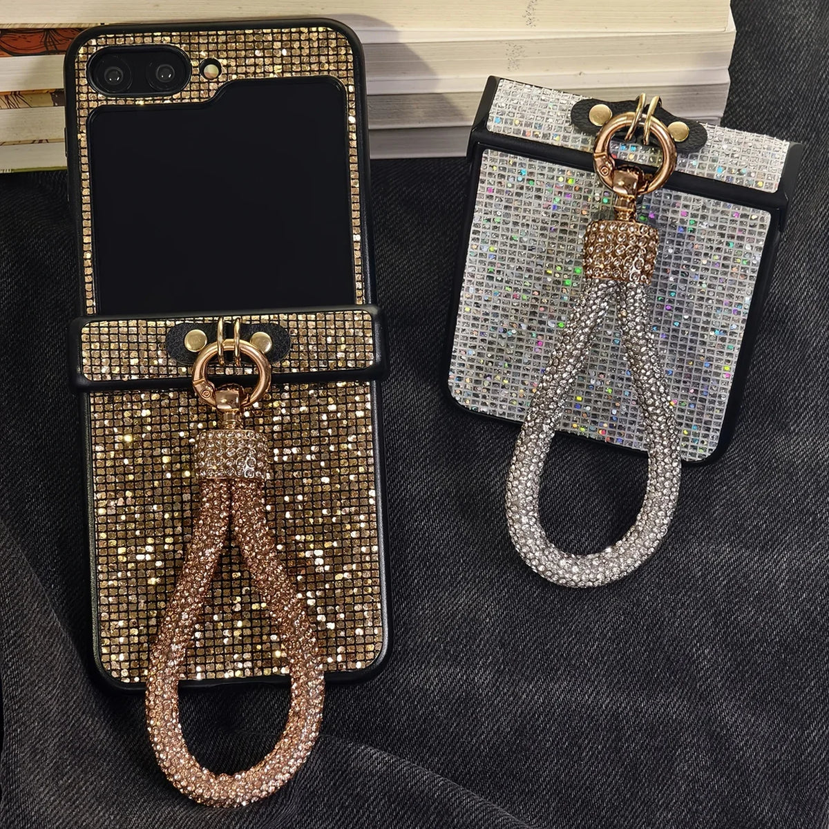 Luxury Faux Diamond Lanyard Phone Case For Samsung Galaxy Z Flip 8 6 5 4 3 Flip7 FE Shiny Bracelet Grid Shockproof Hard Cover