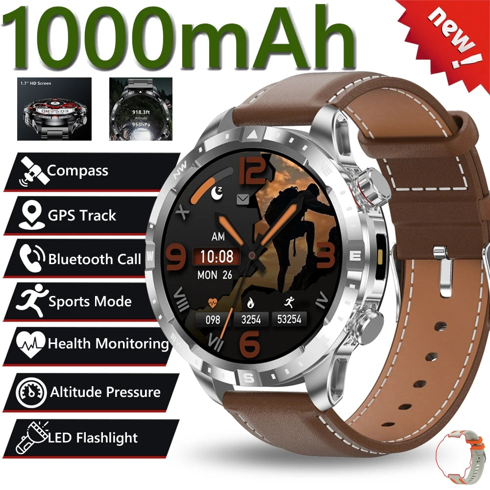 2026 New Military 1000mAh Battery Smart Watch 1.7-inch HD Large Screen LED Flashlight Sport Mode Bluetooth Call Smartwatch Men