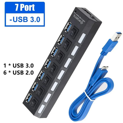 USB 3.0 2.0 Hub High Speed 4/7 Ports Multi USB Splitter USB Adapter Expander for Desktop PC Laptop Adapter with Switch Cable