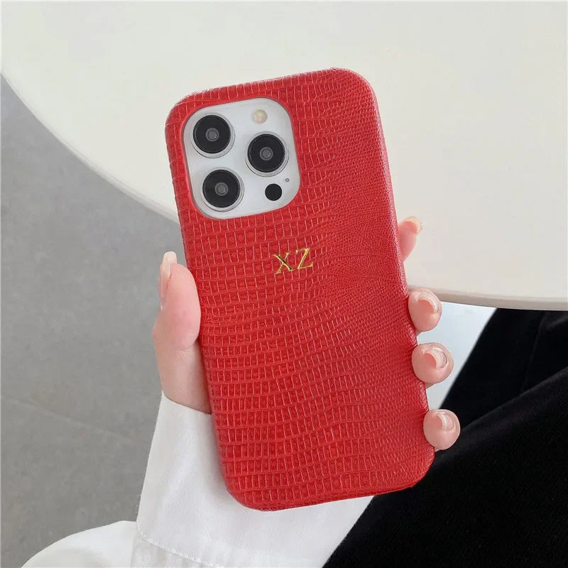 Personalise Gold Initials Letters Leather Cases For iPhone 17 Pro Max 16 Pro 15 14 13 Pro Max Luxury Lizard PU Hard Cover