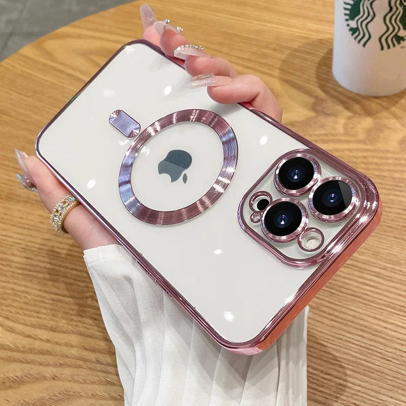 Magnetic Plating Case For iPhone 15 16 14 17 13 12 18 Pro Max Air Camera Lens Protector Glass For Magsafe Wireless Charger Cover