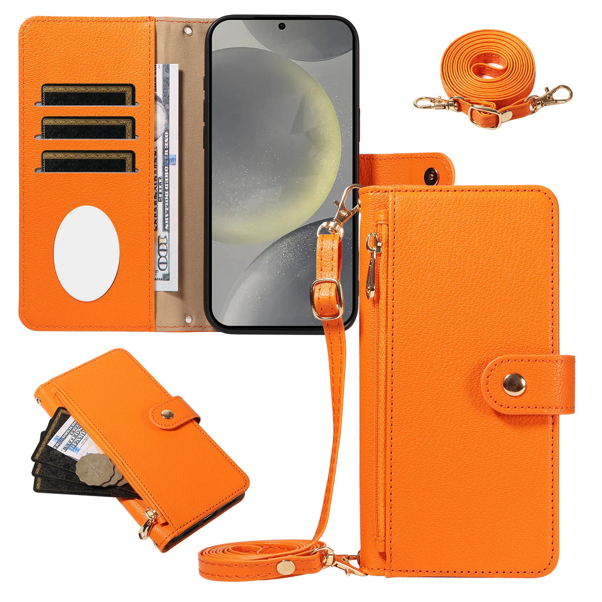 For Samsung S26 Ultra/S25/S24/S23/S22/S21/S20Fe Multifunctional Protective Case, Wallet-Style Cross-Shoulder Phone Case with Makeup Mirror and Card Slot, Faux Leather Phone Protective Cover
