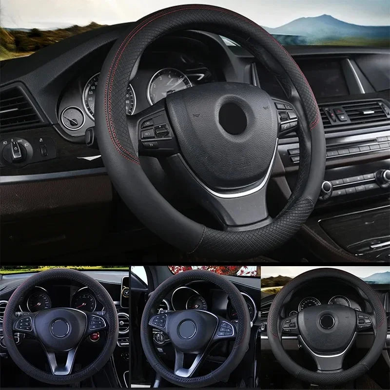 Perforated Nappa Leather Car Steering Wheel Cover Warm in Winter and Cool in Summer, Universal 15 Inch, Anti-Slip, Odorless