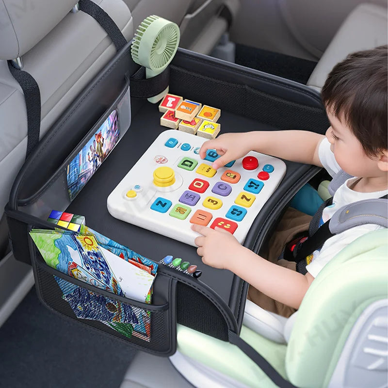 Car Rear Seat Tray for Child Safety Seat Waterproof Baby Travel Table Board Desk Organizers Child Cartoon Storage Toy Holder