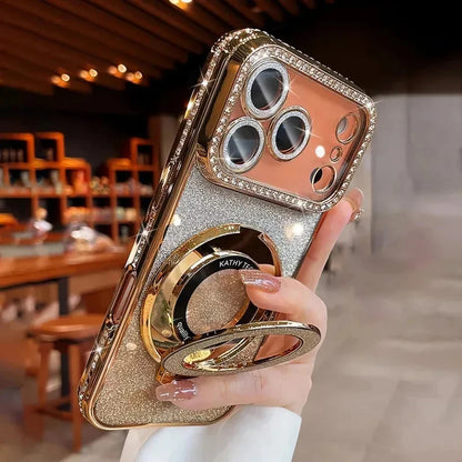 Transparent Diamond Glitter Magnetic Phone Case with Coating，Applicable iPhone 17 16 13 14 15 Pro Max Lens protection bracket ba