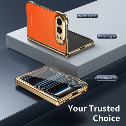 KEYSION Luxuxy PU Leather Fold Phone Case for iPhone Duo Plating Hard PC Shockproof Back Cover With Hinge+HD Screen Protector