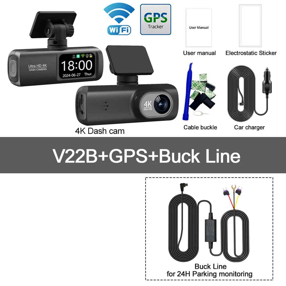 UHD 4K WiFi Dash Cam Dual Lens Driving Recorder Car DVR Optional 1080P Rear Lens Camera GPS 24H Parking Monitoring Black Box
