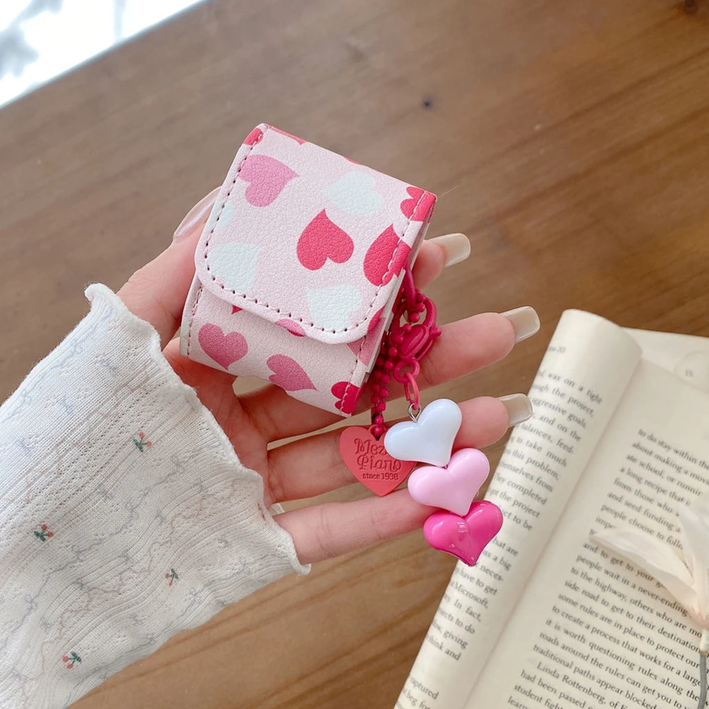 Y2K Sweet Girly Pink Gradient Love Heart Flip Faux Leather With Pendant Earphone Cover Case for AirPods 1 or 2 3 4 5 Pro 2 Pro 3