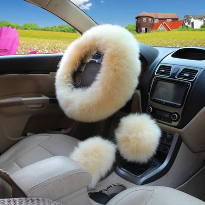 YESPLEASE 3pcs/set Wool Winter Car Steering Wheel Cover Long Australian Wool Heated Fur Handbrake Gear Shifter Cover