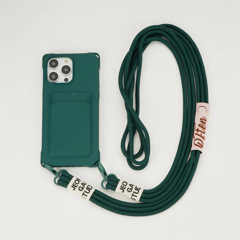 Strap Case For iPhone 17 Pro Max 16 15 14 12 11 13 Mini Plus Air Shockproof Silicone Card Slot Crossbody Necklace Lanyard Cover