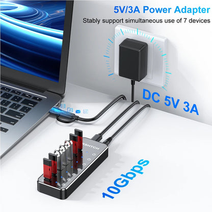 RSHTECH 7-IN-1 USB Hub 10Gbps Data Transfer Individual Touch Switches USB-C Extension Splitter for Laptops Computer Accessories