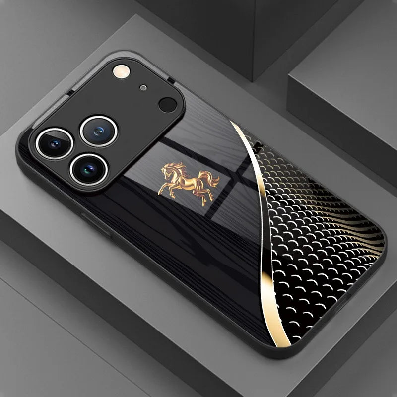 Stylish Golden Horse Tempered Glass Phone Case For iPhone 17 16 Pro 16E 15 14 13 12 11 Pro Max 17 Air X XR XS 7 8 Plus Cover