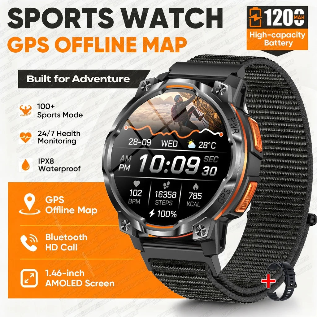 1200mAh Massive Power Outdoor GPS Smart Watch Offline Map 1.43“ HD Screen IPX8 Waterproof Compass Military 107+Sports Watch Men