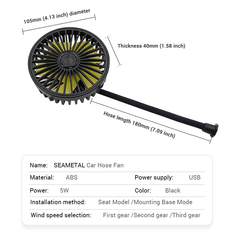 SEAMETAL Car Electric Fan Strong Wind 3-Speed Cooling Fan for Rear Seat Passenger Portable 360 Degree Rotatable Car Air Fan