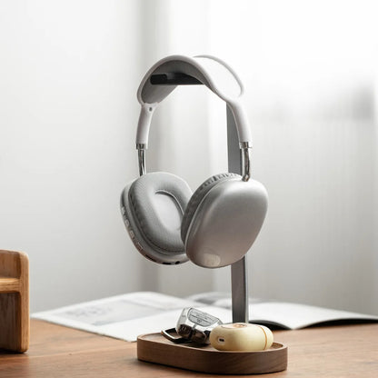 Wooden Base Aluminum Headphone Stand with Storage Tray, Desktop Headset Holder for Gaming Headphones, Desk Organizer Accessories