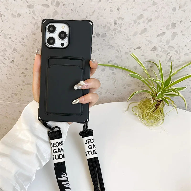 Strap Case For iPhone 17 Pro Max 16 15 14 12 11 13 Mini Plus Air Shockproof Silicone Card Slot Crossbody Necklace Lanyard Cover