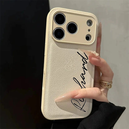 Custom Letters Name Minimalist Artificial Leather Solid Color Luxury Phone Case For iPhone 17 16 15 14 13 12 11 Pro Max 17 Air