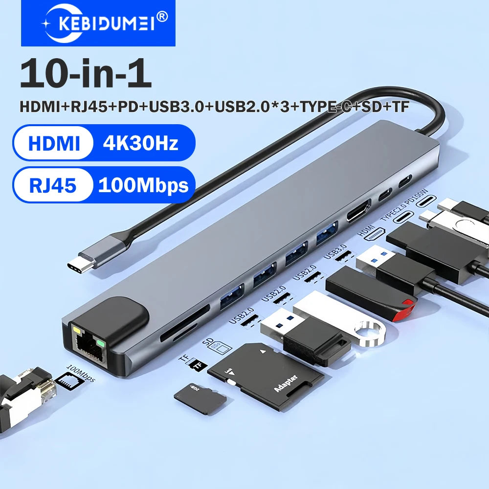 KEBIDUMEI 10-in-1 USB C Docking Station USB 3.0 HUB Type C to HDMI Adapter with RJ45 Ethernet Interface USB Splitter OTG Adapter