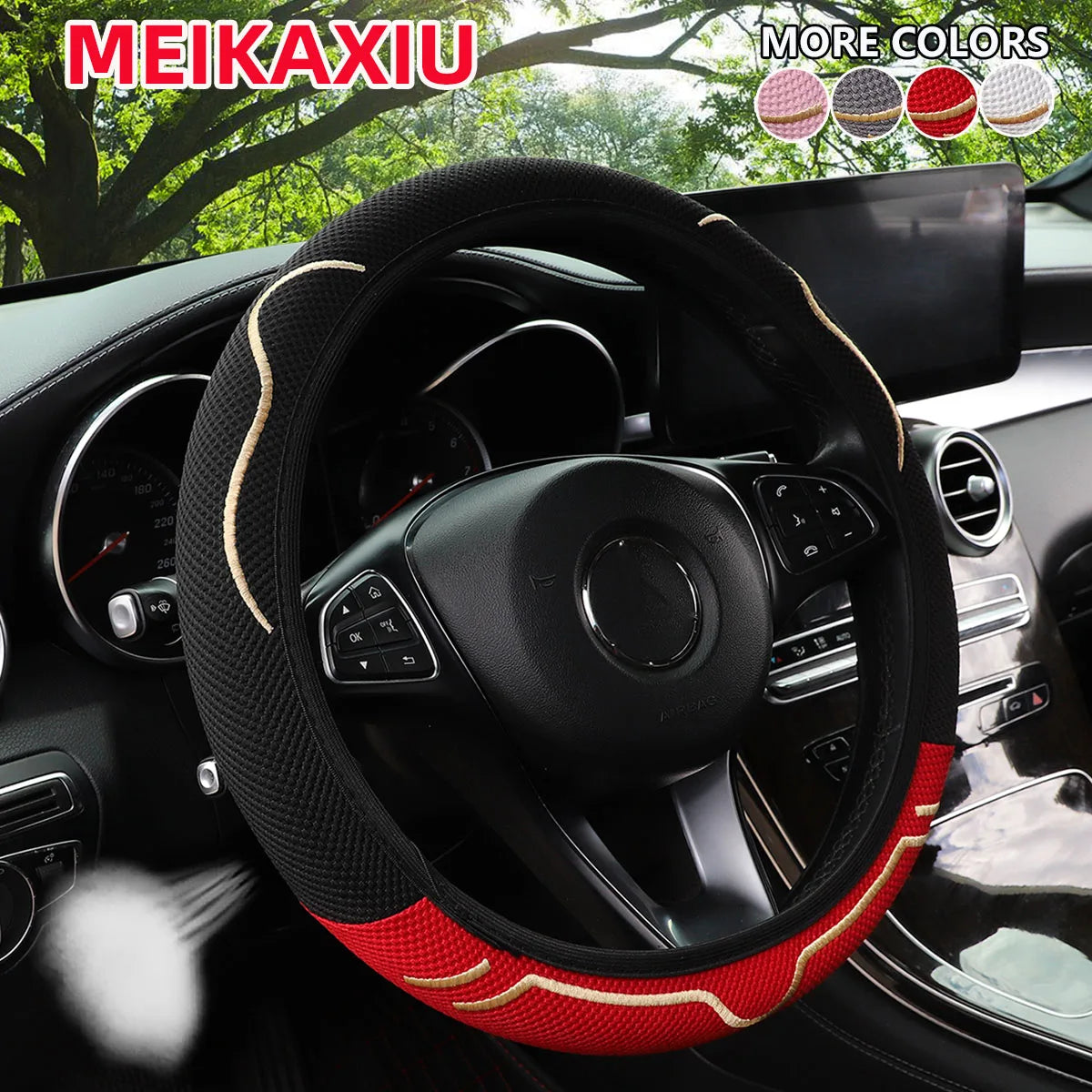 Universal Fit Cute Ice Silk Cat Ears Steering Wheel Cover 15-Inch Ventilated Design No Inner Ring Car Interior Accessory
