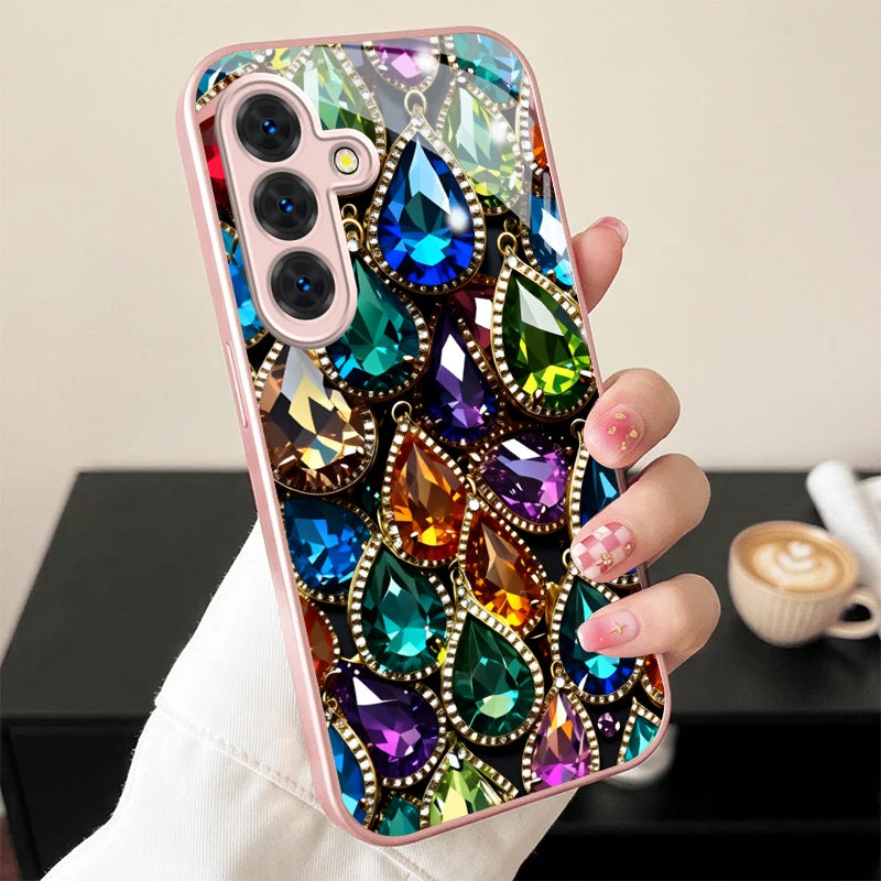 Colorful Teardrop Gem Pink Metallic Glass Phone Case For Samsung Galaxy S26 S25 S24 S23 Ultra Plus FE S8 S9 S10 Note8 9 10 Cover