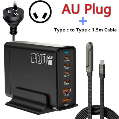 200W Desktop USB C Quick Charger GaN PD Fast Charger 6 Port Mobile Charging Adapter For Laptop iPhone 17 16 15 Samsung Xiaomi