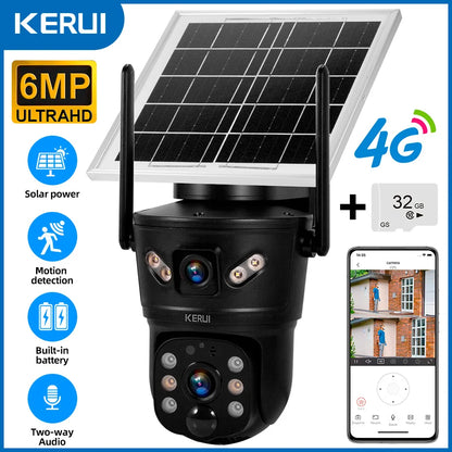 KERUI Outdoor Waterproof 6MP 4G SIM WIFI Solar Camera Dual Lens Camera Solar Panel Home Security CCTV Video Surveillance V380pro
