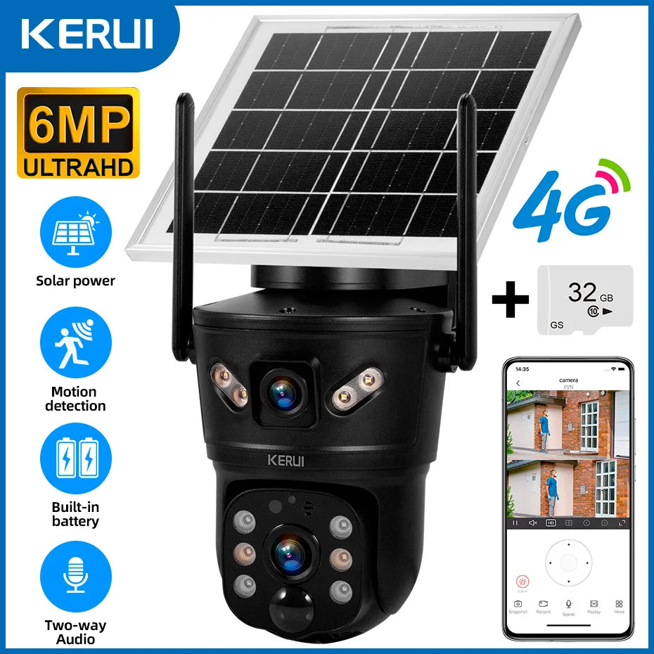 KERUI Outdoor Waterproof 6MP 4G SIM WIFI Solar Camera Dual Lens Camera Solar Panel Home Security CCTV Video Surveillance V380pro