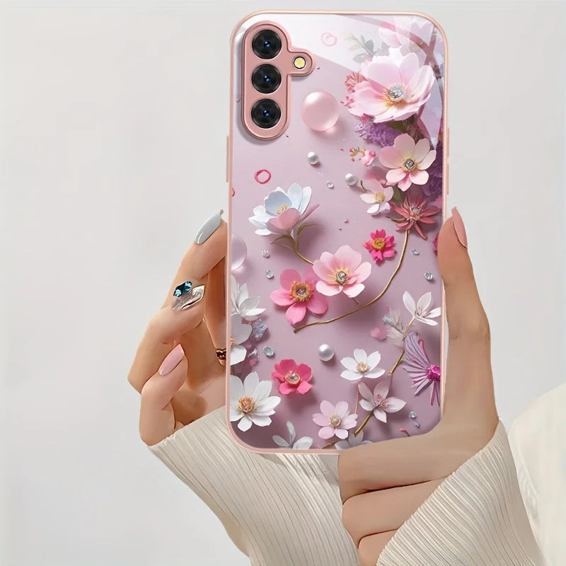 Case For Samsung Galaxy S26 Ultra S 26 S24 S25 Ultra S20 FE S21 FE S22 S23 Plus Case Pink Plum Flowers Tempered Glass Back Cover