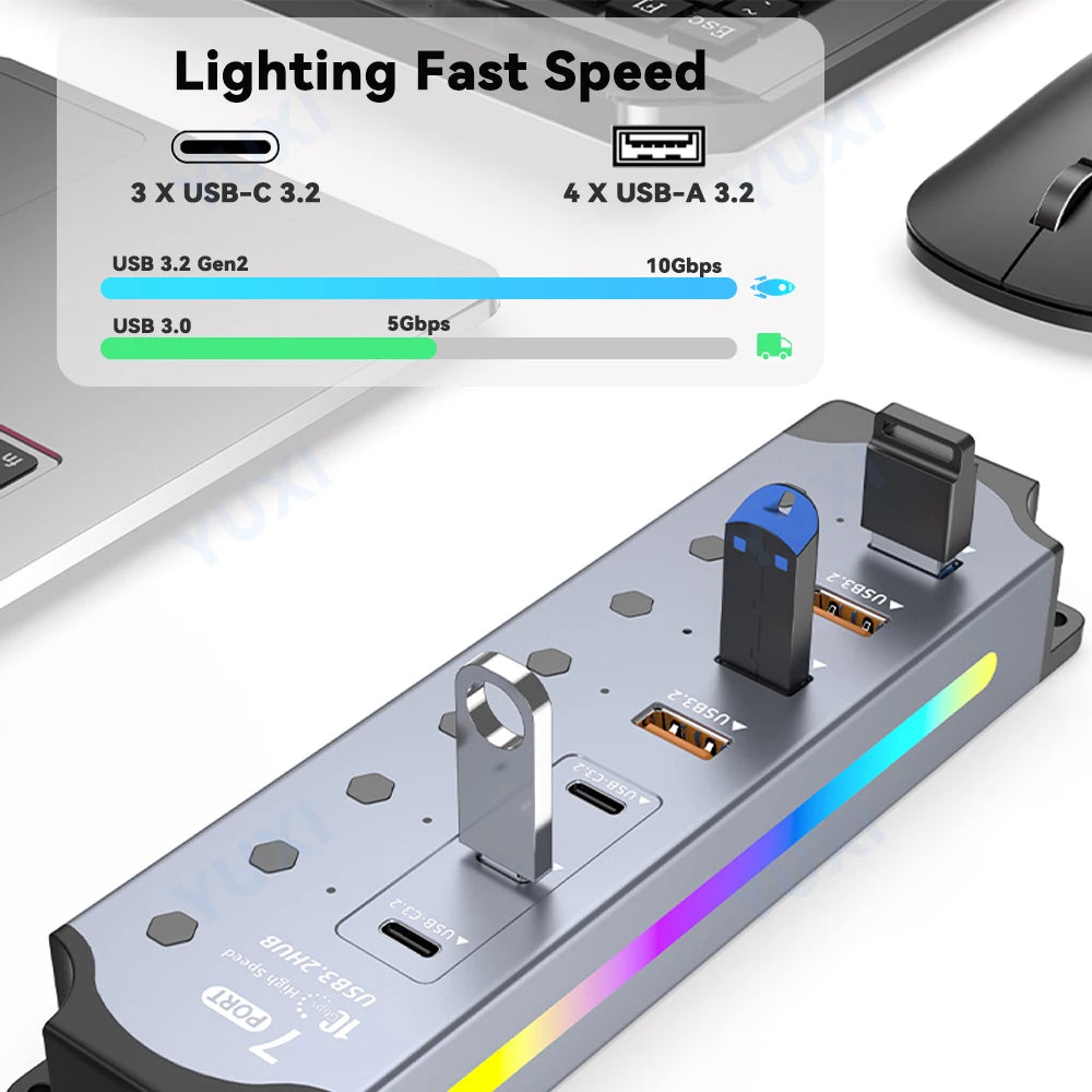 7 in 1 USB 3.2 Gen 2 HUB Powered USB 3.2 Splitter 10Gbps USB A Type C HUB Individual Switch Multiport RGB Expander For Laptop PC
