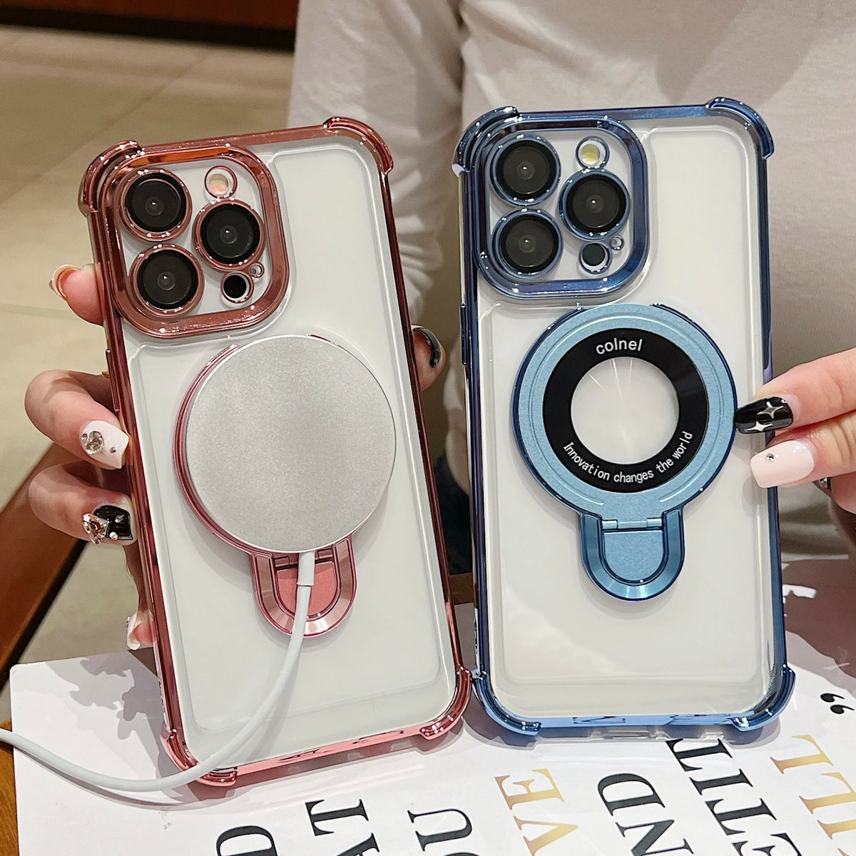 Fashion Plating Magnetic Bracket Case for iPhone 17 16 15 14 13 12 Pro Max Case With Holder Stand Shockproof Cover for Magsafe