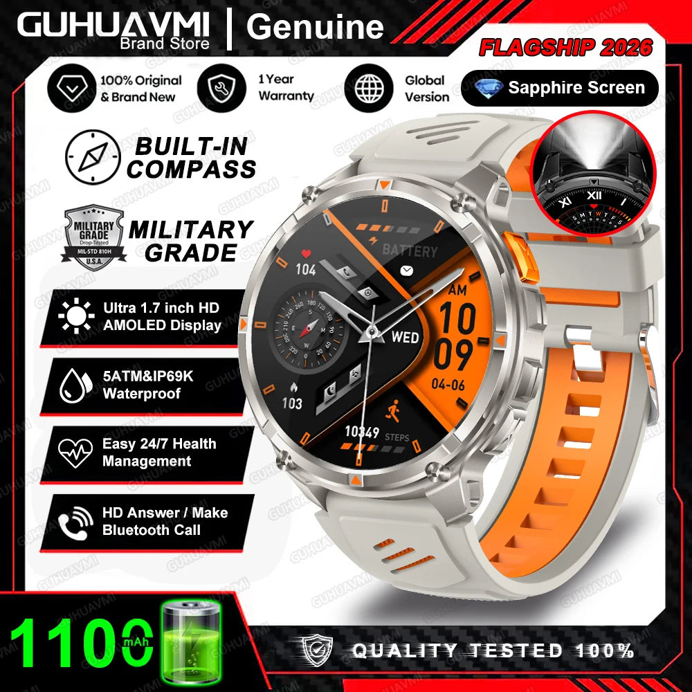 2026 New 1100mah AMOLED Smart Watch Men 170+Sport Fitness LED Flashlight IP69 Waterproof Bluetooth call GPS track Smartwatch iOS