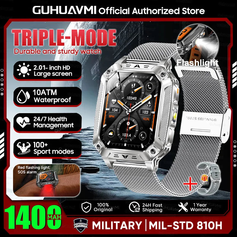 2026 New 1400mAh Large Battery Military Outdoor 2.01 inches Smart watch Men 10ATM Waterproof Bluetooth Call Sports Smart Watch