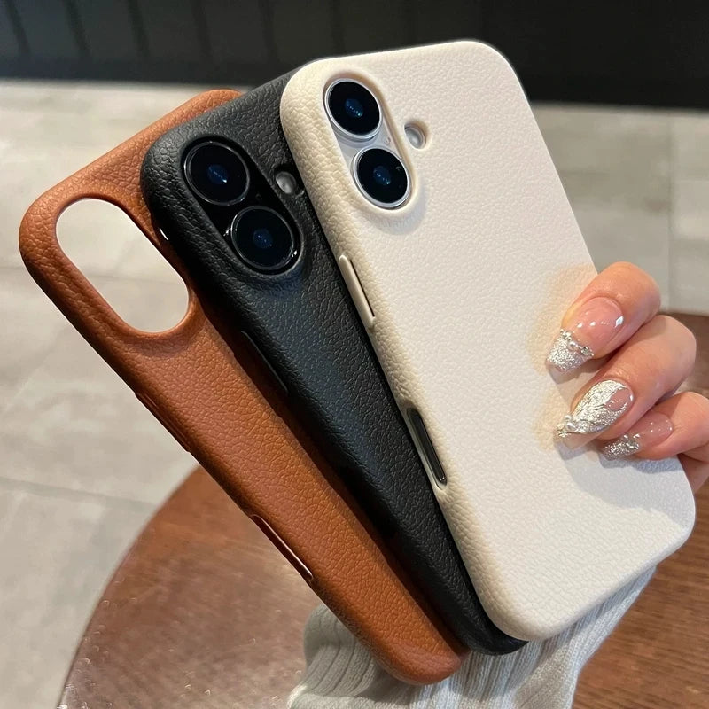 Luxury Soft Cortex Leather Case For iPhone 17 Air 11 12 13 14 15 16 Pro Max Plus Lichee Pattern Silicone Shockproof Cover