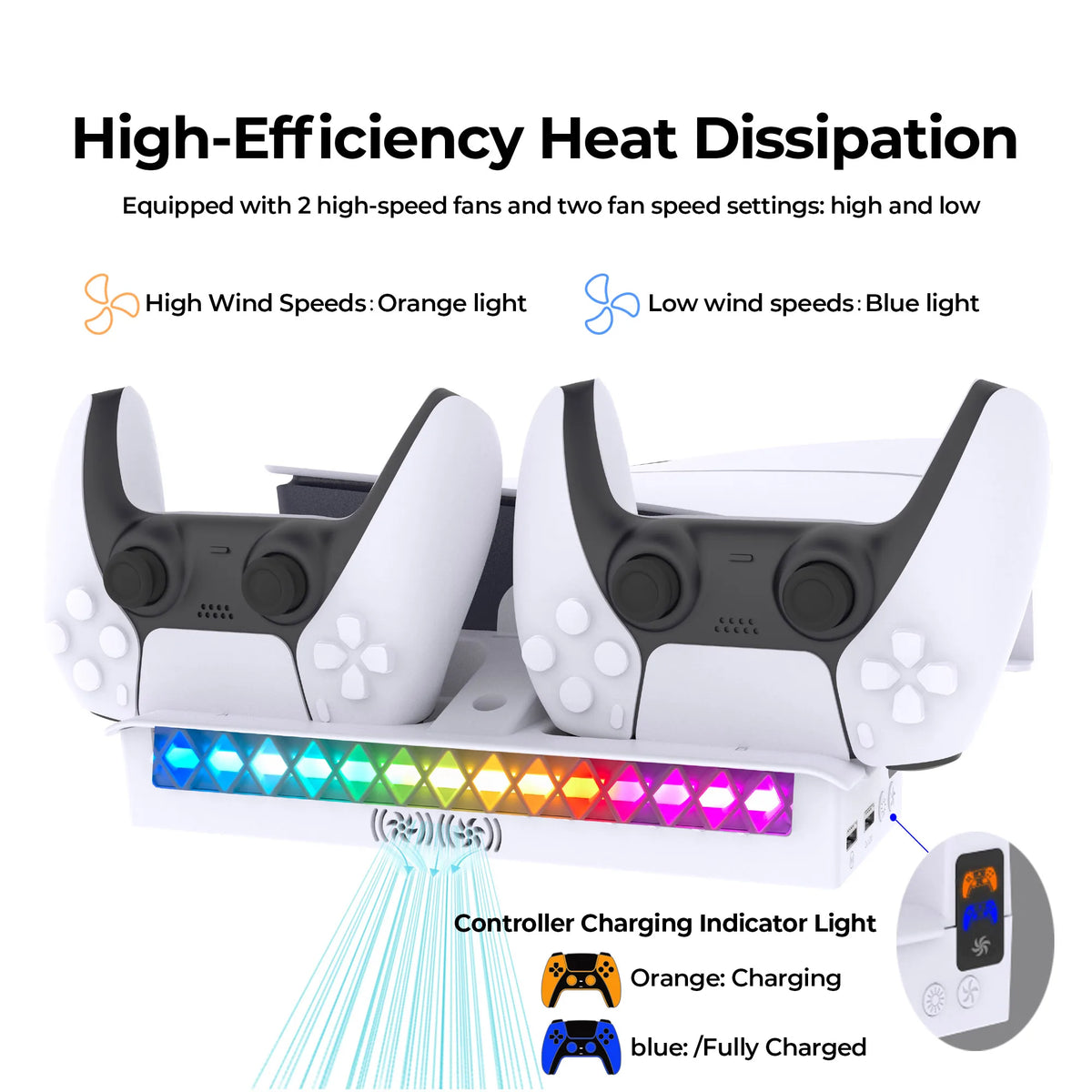 Horizontal Cooling Stand for PS5 Slim/Pro Disc Edition & Digital Edition RGB Light Controller Charger Dock Headset Holder