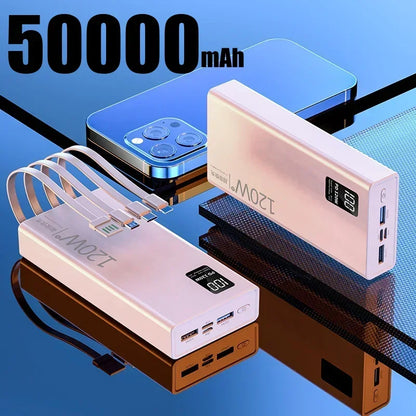 VIVO 120W 500000mAh Power Bank Built in 4 Cables Large Capacity Fast Charging Portable External Battery for iPhone Samsung New