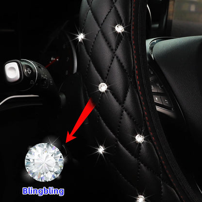 1 PU leather embroidered stereo diamond-encrusted Blingbling car steering wheel cover for 14.5-15 inch automotive supplies