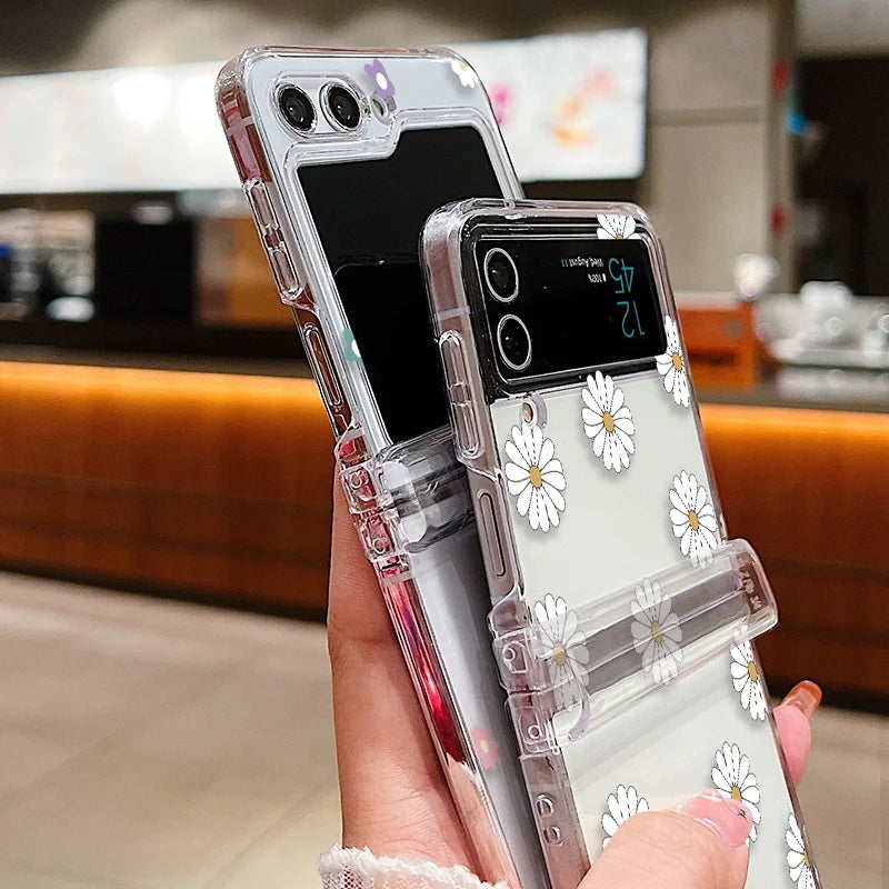 Transparent Love Flower Phone Case For Samsung Galaxy Z Flip8 Flip7 FE Flip 8 7 6 5 4 3 5G Flip5 Flip6 Shockproof Hard PC Cover