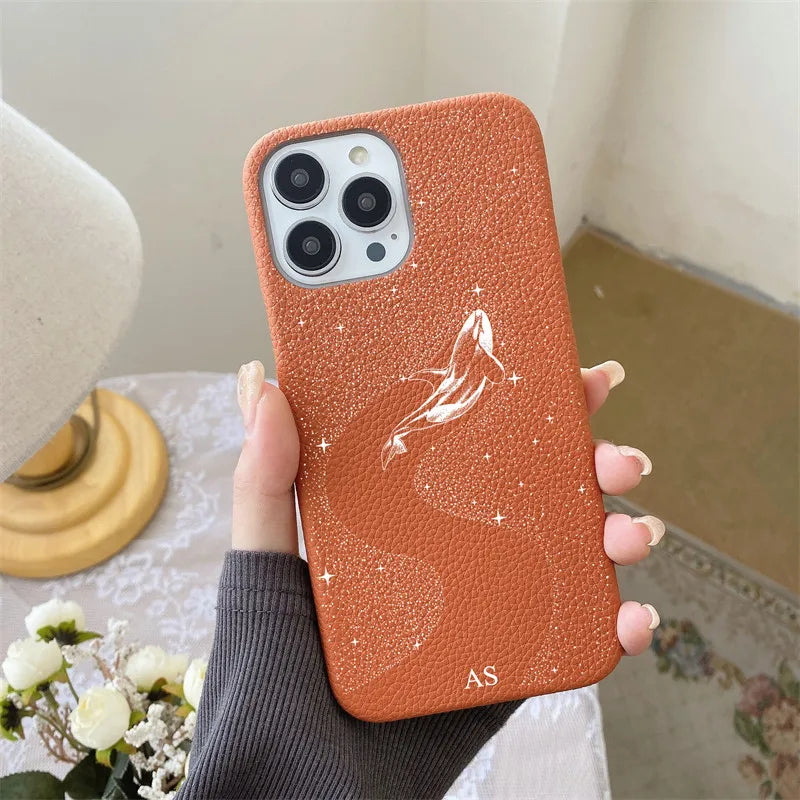 Personalised Letters Pebble Grain Leather Stars Whale Casesfor iphone 17 12 14 13 15 16 Pro Max 17 air 14Plus Luxury Hard Covers