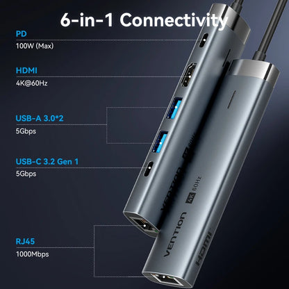 Vention USB C HUB Type C to HDMI 4K60Hz RJ45 PD 100W Adapter For Macbook iPad Pro Air M2 M1 Sumsang PC Accessories USB 3.0 HUB