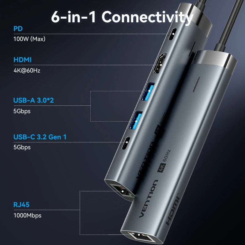 Vention USB C HUB Type C to HDMI 4K60Hz RJ45 PD 100W Adapter For Macbook iPad Pro Air M2 M1 Sumsang PC Accessories USB 3.0 HUB