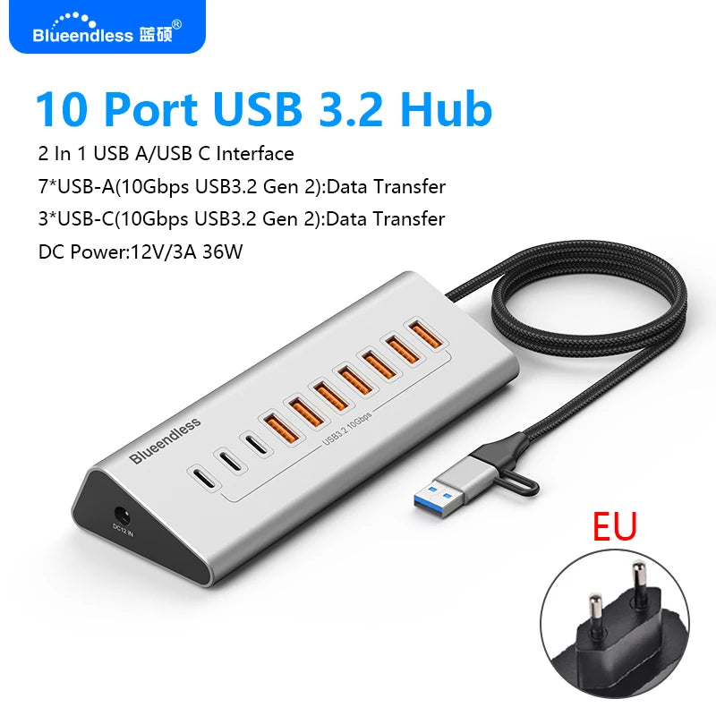 Blueendless Aluminium USB3.2 Gen2 10Gbps 7Ports 10 Ports USB-C Hub 7 in 1 10 in 1 USB-A Splitter Adapter for Laptop macbook