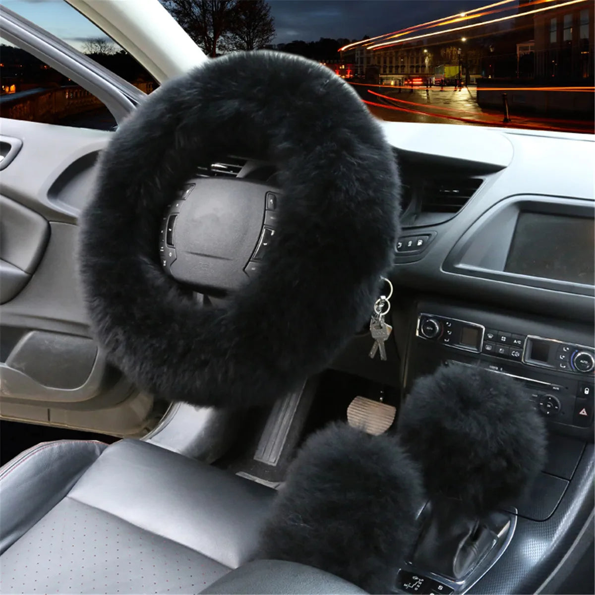 YESPLEASE 3pcs/set Wool Winter Car Steering Wheel Cover Long Australian Wool Heated Fur Handbrake Gear Shifter Cover