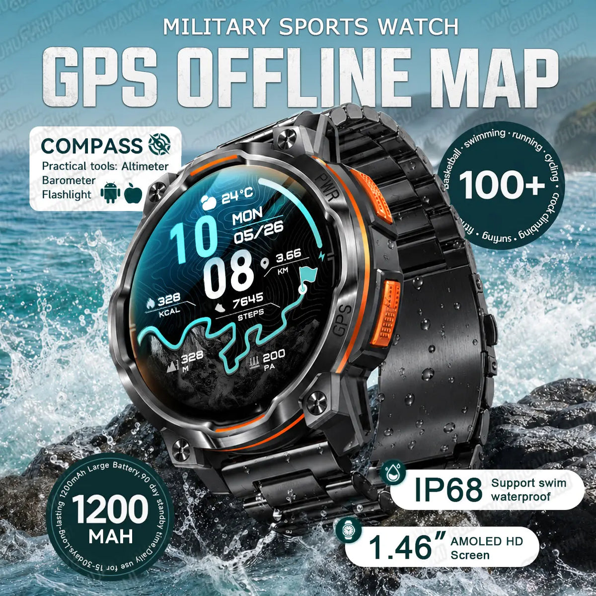1200mAh Massive Power Outdoor GPS Smart Watch Offline Map 1.43“ HD Screen IPX8 Waterproof Compass Military 107+Sports Watch Men