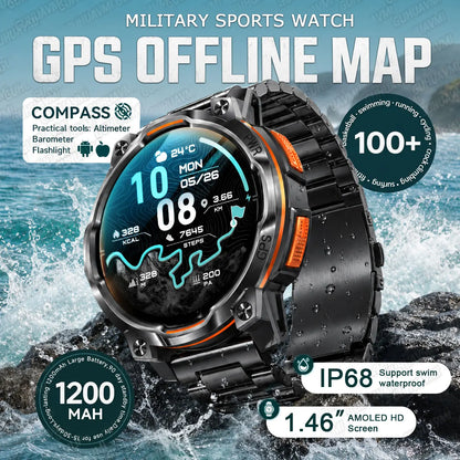 1200mAh Massive Power Outdoor GPS Smart Watch Offline Map 1.43“ HD Screen IPX8 Waterproof Compass Military 107+Sports Watch Men