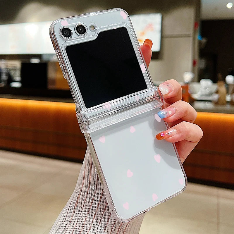 Transparent Love Flower Phone Case For Samsung Galaxy Z Flip8 Flip7 FE Flip 8 7 6 5 4 3 5G Flip5 Flip6 Shockproof Hard PC Cover