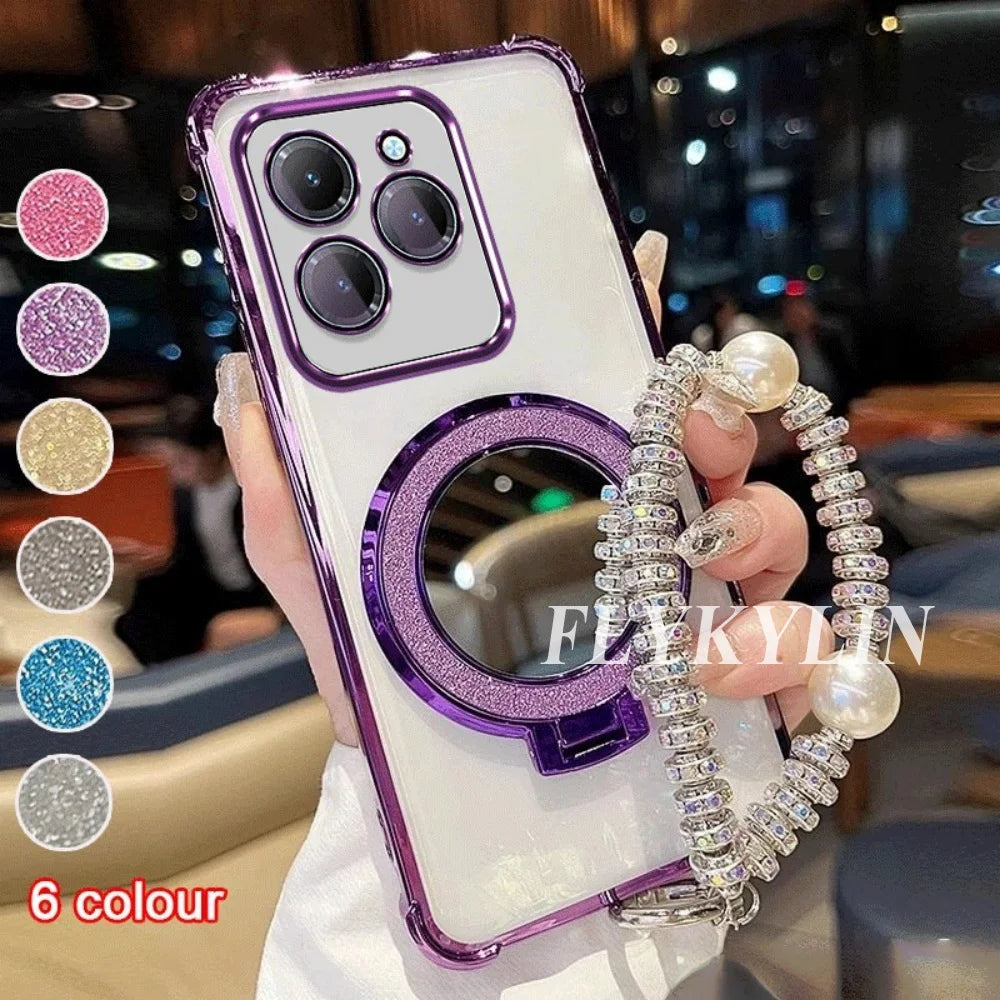 For Google Pixel 9 9A 9 10 Pro XL 10A 7 7A 8 8A Transparent Protective Soft Shell With Pearl Bracelet For Mirror Holder