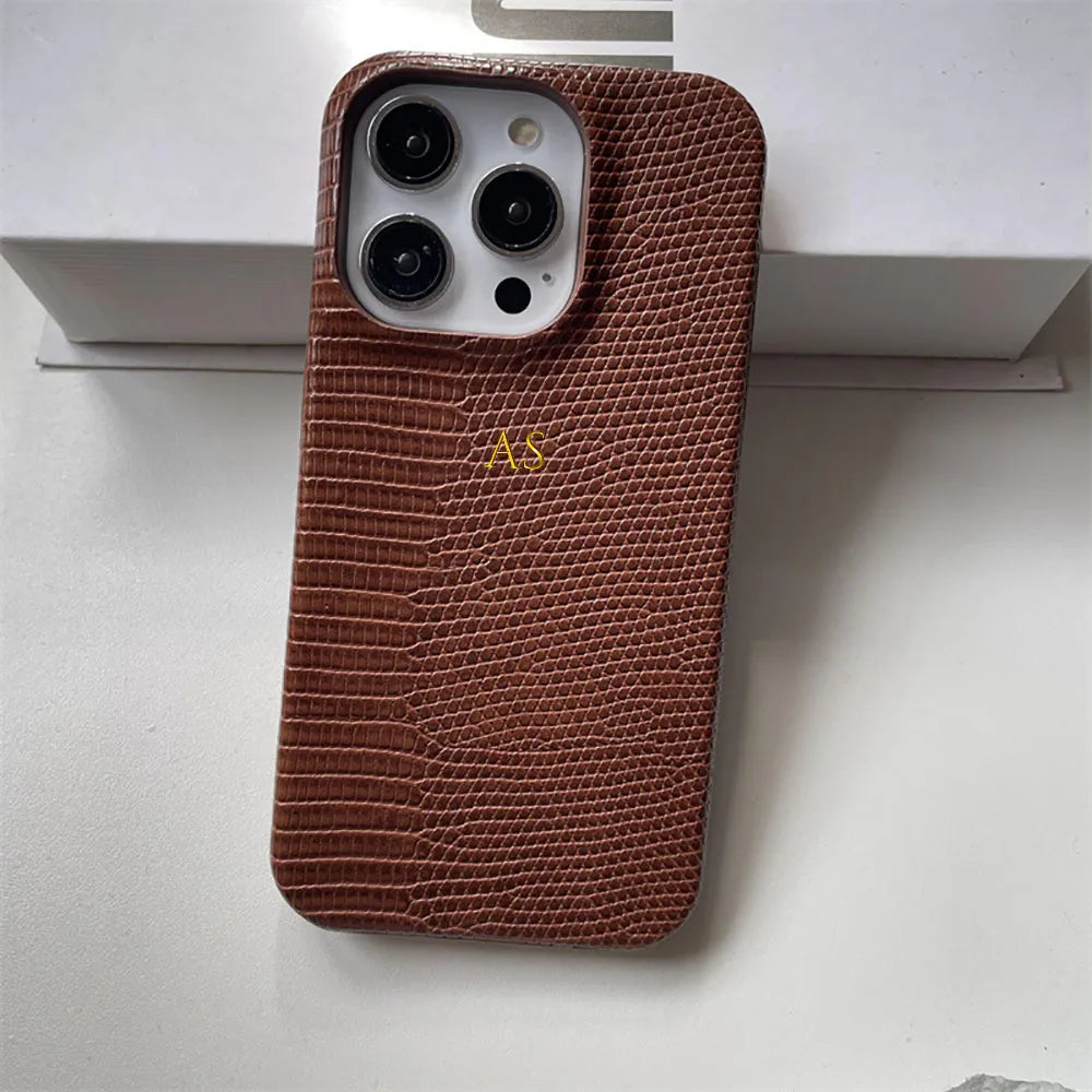 Personalise Gold Silver Initials Letters Leather Case For Iphone 15 12 14 13 16 17Pro Max 14 16 Plus Luxury Lizard PU Hard Cover