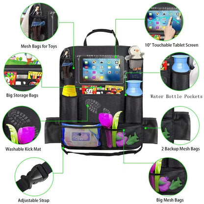 Car Rear Seat Organizer Storage Bag with Touch Screen Tablet Stand, Anti Kick Pad, Rear Seat Protector, Storage Bag