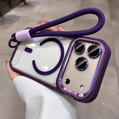 New Tech-Style Magnetic Drop-proof Full-wrap Phone Case with Holder Lanyard for iPhone 17 16 15 14 13 12 11 Pro Max Plus Air