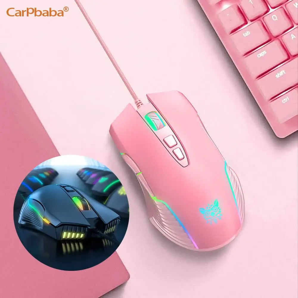 RGB Gaming Mouse Pink Cute Mouse 6400 DPI Wired Optical Mouse with Cool Lighting Mice for Home Office Notebook PC